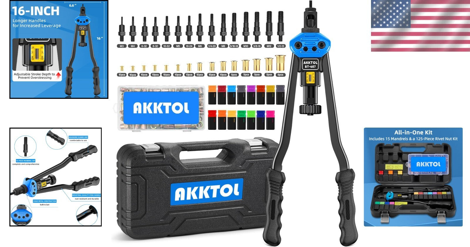 Rivet Nut Installation Tool Kit - 16" Heavy-Duty Tool with Easy Mandrel Change