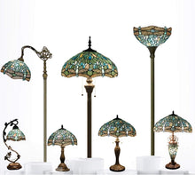 Load image into Gallery viewer, Antique Bronze Dragonfly Tiffany Lamp - Sea Blue Stained Glass Shade 16x24"