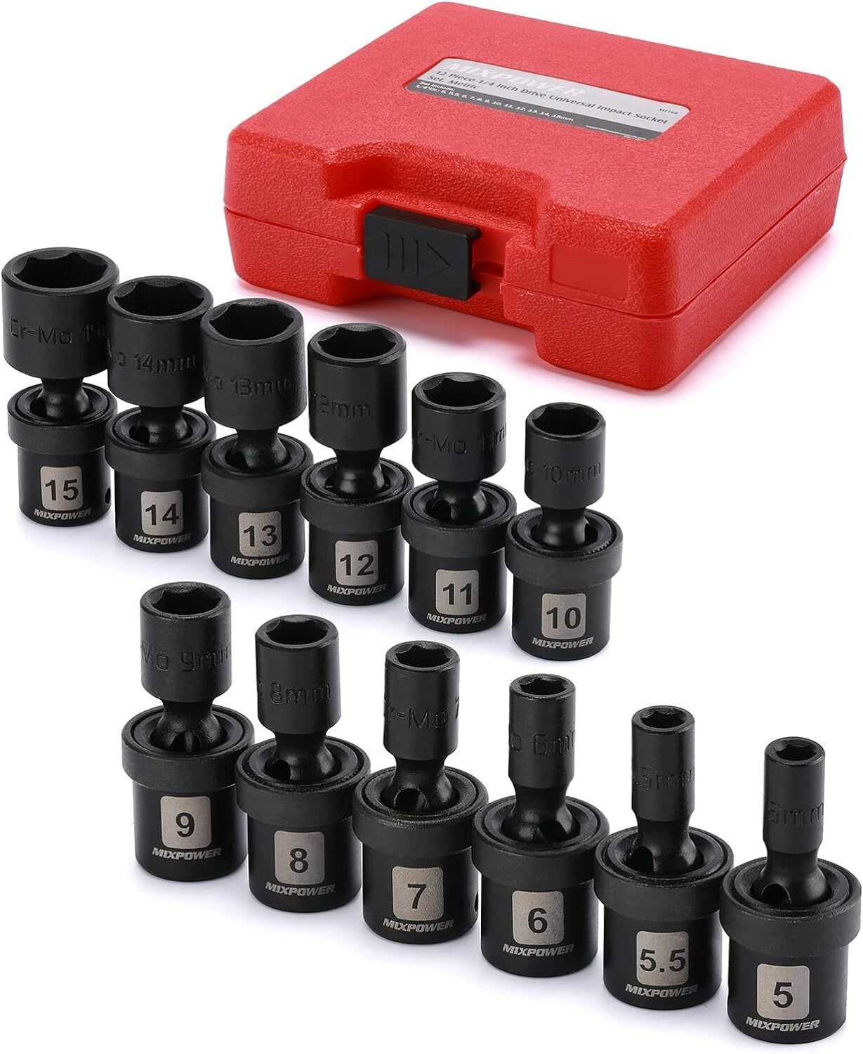 12-Piece 1/4" Drive Metric Impact Socket Set - CR-MO Steel with Swivel Design