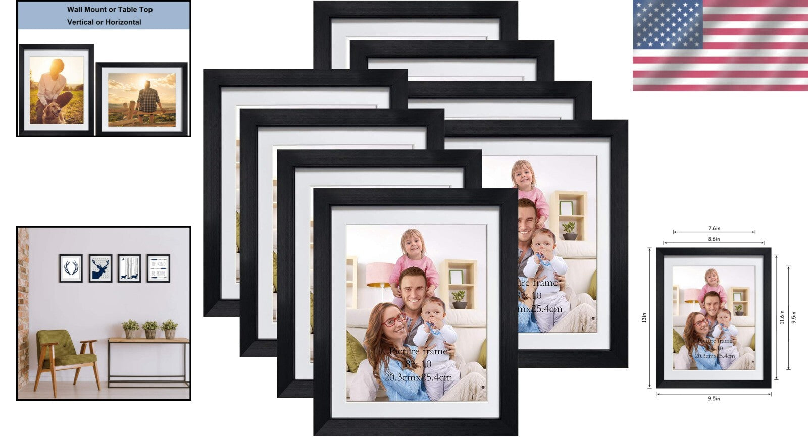 Durable Black 8x10 Picture Frames | Set of 8 with Mat for Wall/Table Display