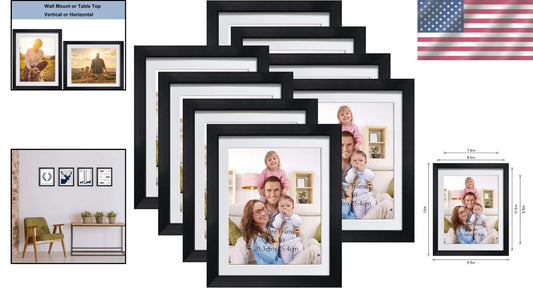 Durable Black 8x10 Picture Frames | Set of 8 with Mat for Wall/Table Display
