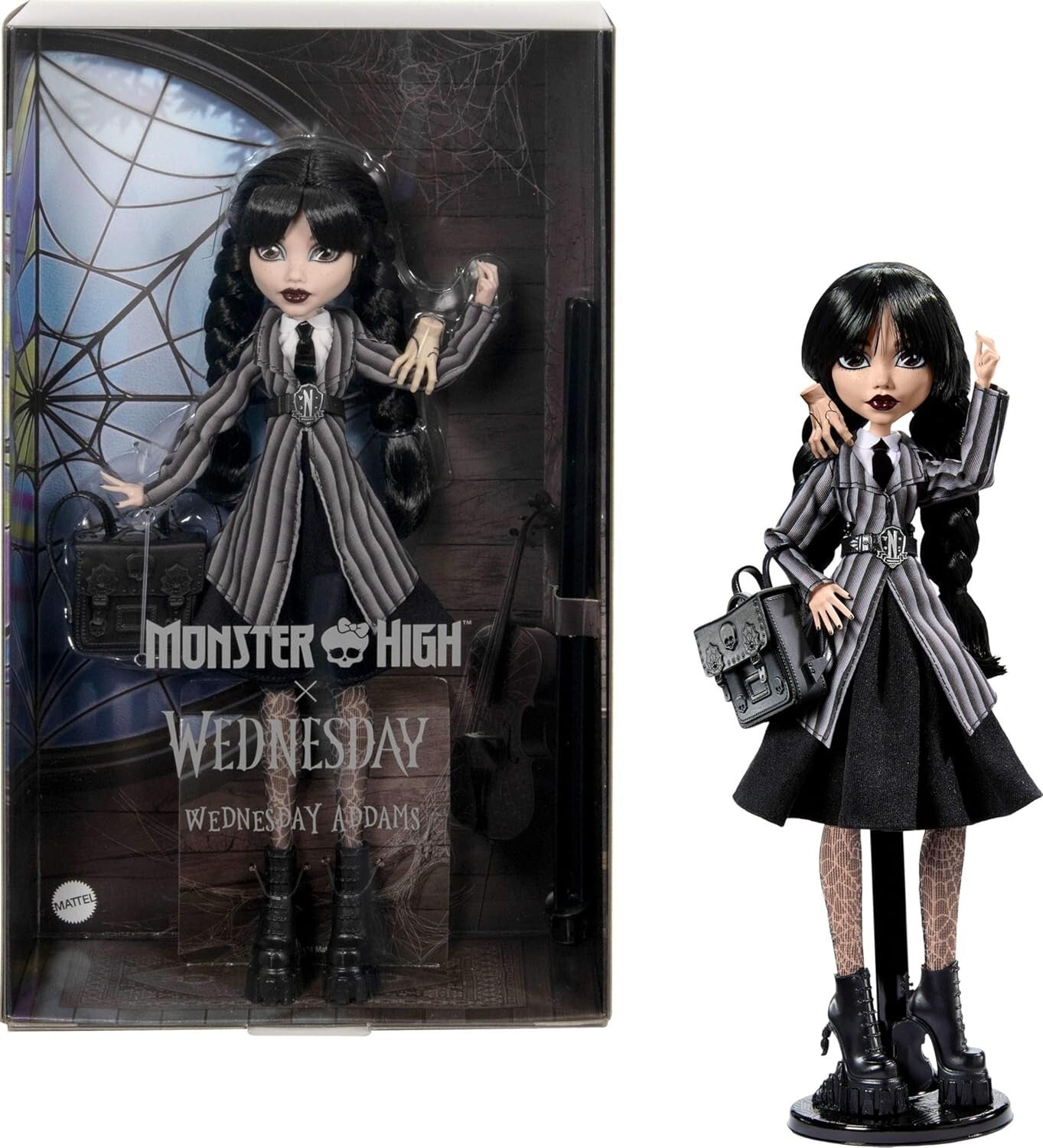Dramatic Wednesday Addams Doll with Stand, Thing, & Unique Backpack Accents