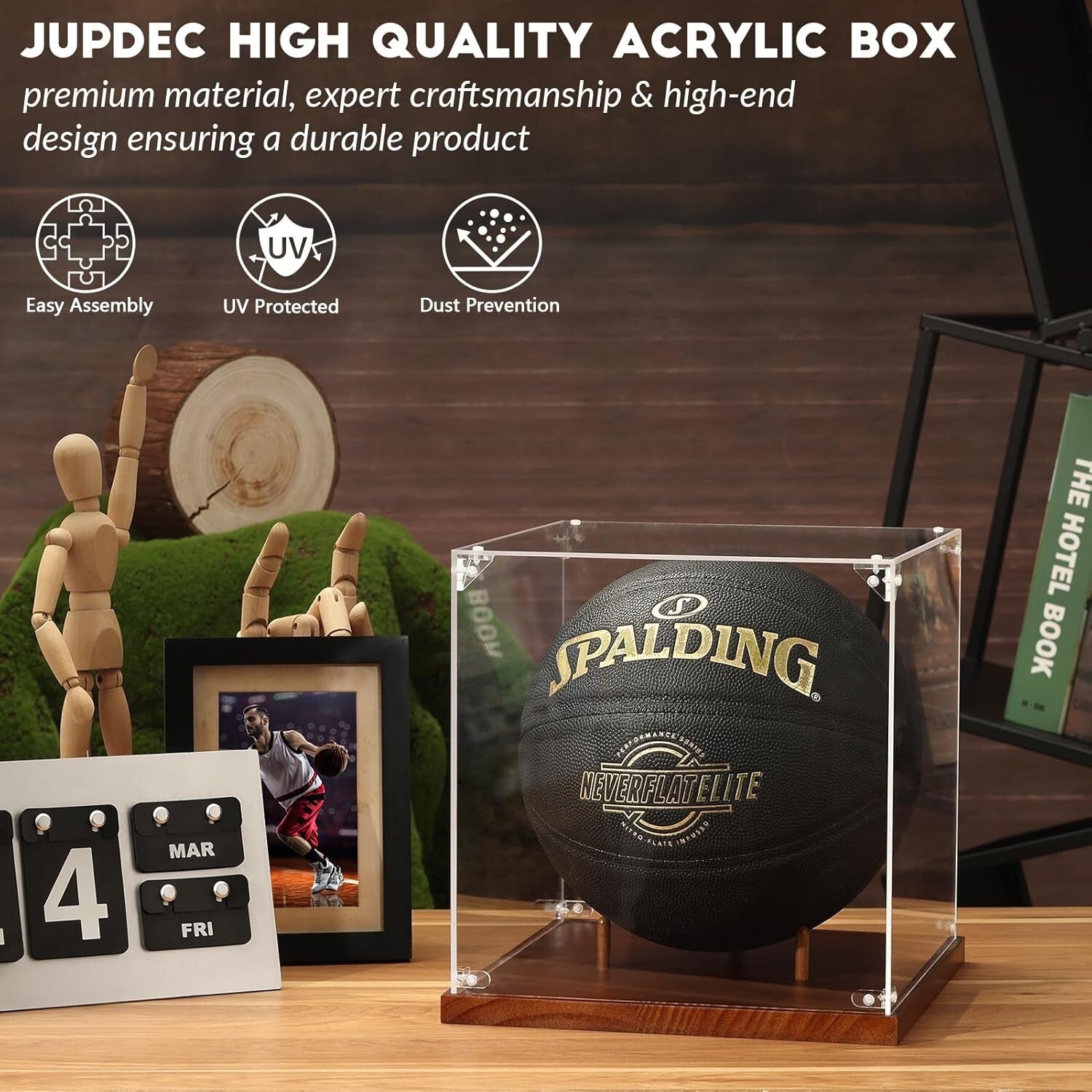 Clear Acrylic Basketball Display Case with Solid Wood Base - Hassle-Free Setup