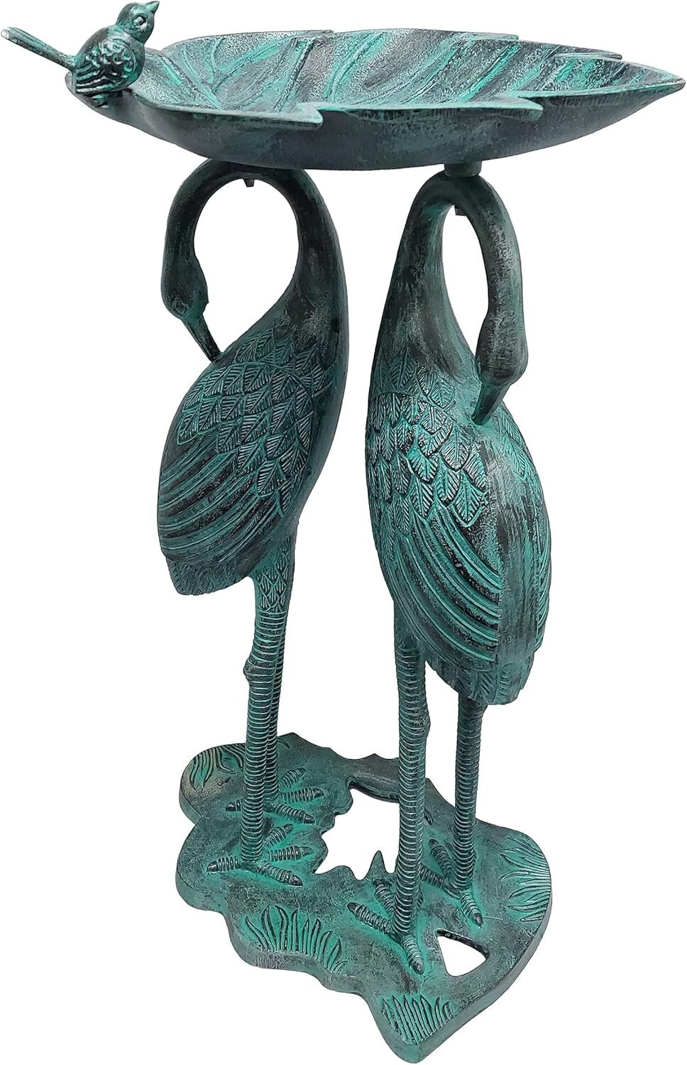 Sturdy 30-in Cast Aluminum Crane Bird Bath with Leaf Bowl - Traditional Elegance