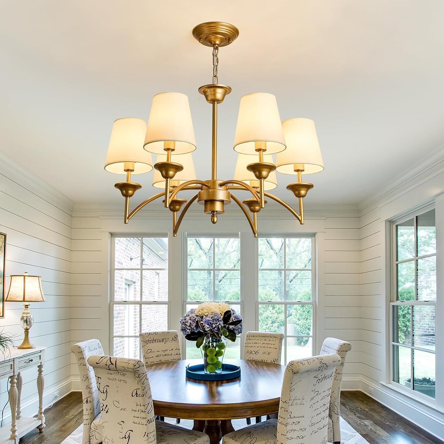 Elegant 6 Light Gold Pendant Chandelier with Fabric Shades - Modern Home Fixture