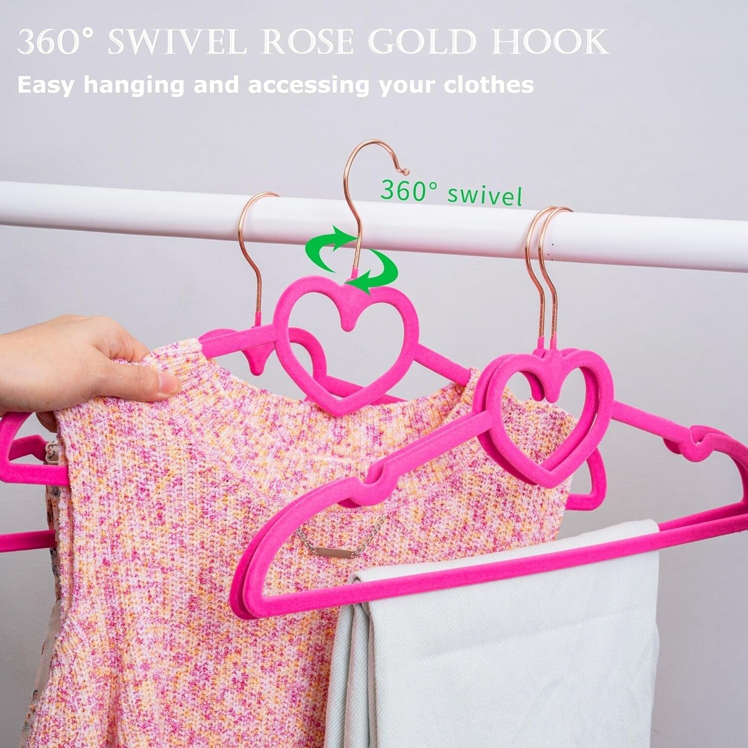 Premium Non-Slip Velvet Hangers 50 Pack - 360 Swivel Rose Gold Hooks, Hot Pink