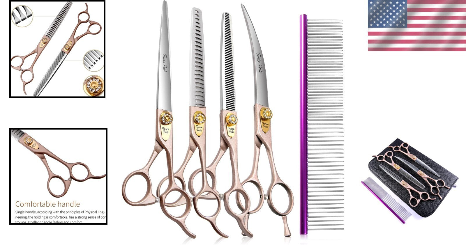 7'' Rose Gold Professional Dog Grooming Scissors Set - 4-Piece Stainless Steel