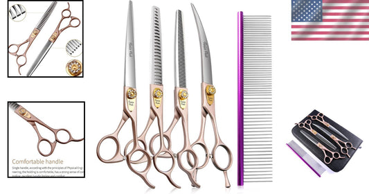 7'' Rose Gold Professional Dog Grooming Scissors Set - 4-Piece Stainless Steel
