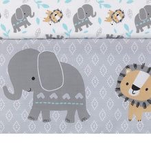 Load image into Gallery viewer, Blue and Gray 3-Piece Crib Bedding Set - Modern Jungle Adventure Theme