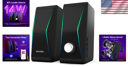 Compact Bluetooth Stereo Speakers with 14W Power and Dynamic Bass for Gaming