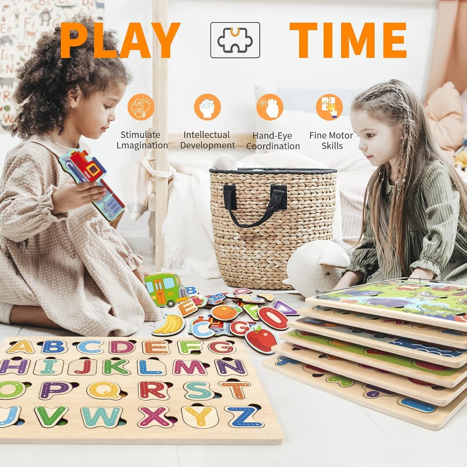 Wooden Educational Puzzle Set for Toddlers with Storage Rack - 6 Engaging Themes