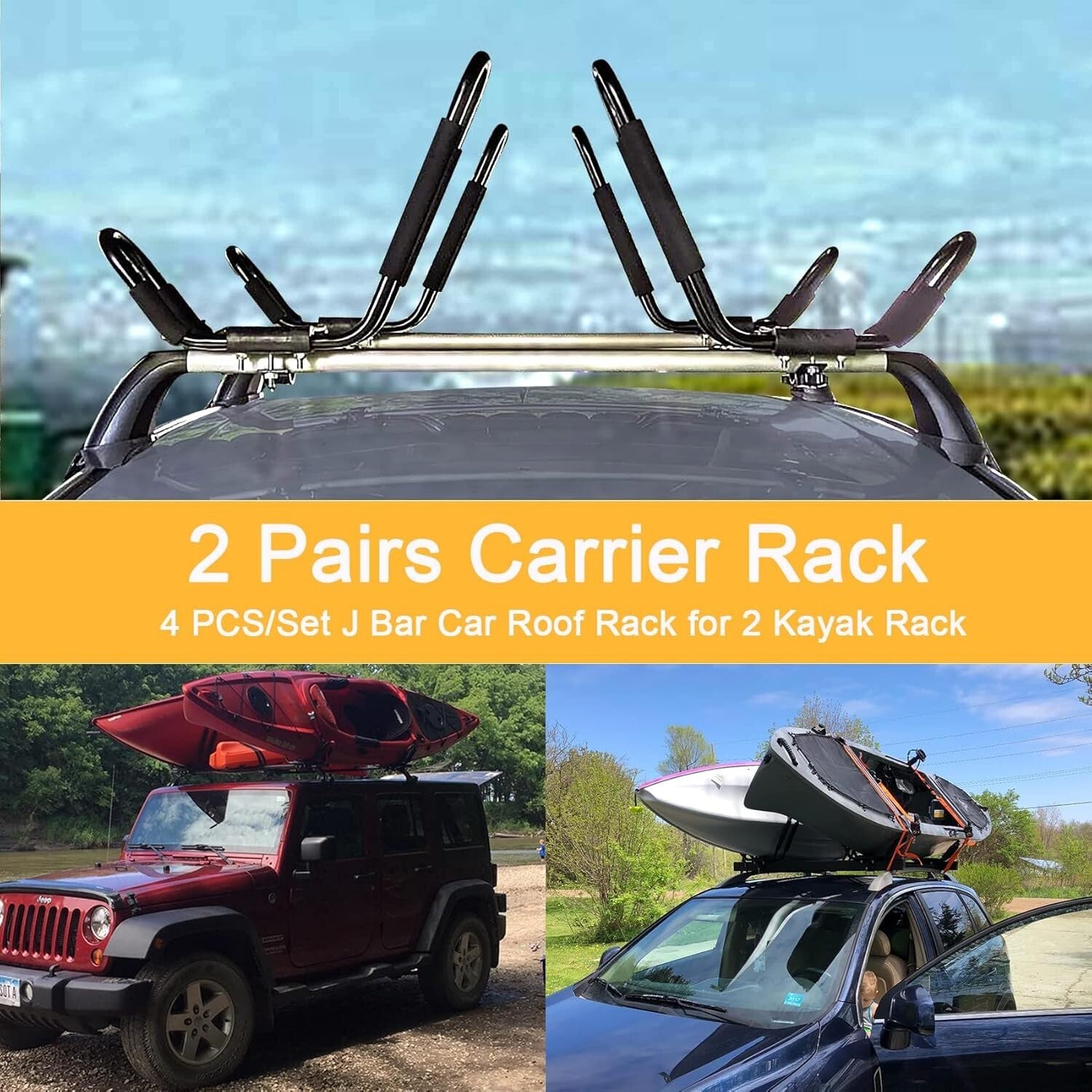 Durable Kayak Roof Rack Set of 4 - 2 Pairs J-Bar Carrier for SUVs and Trucks