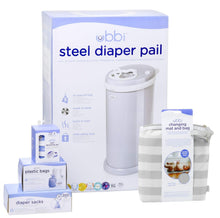 Load image into Gallery viewer, Essential Diapering Set: Gray Stainless Steel Pail &amp; Travel Changing Solutions