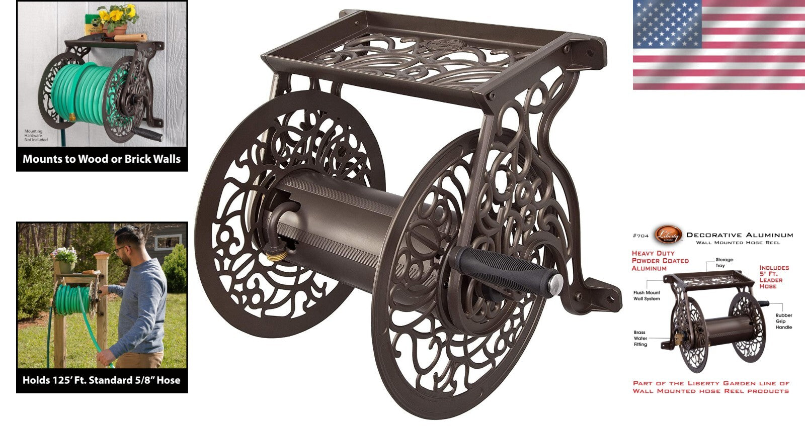 Elegant Bronze Cast Aluminum Wall-Mounted Garden Hose Reel - 125 ft Capacity