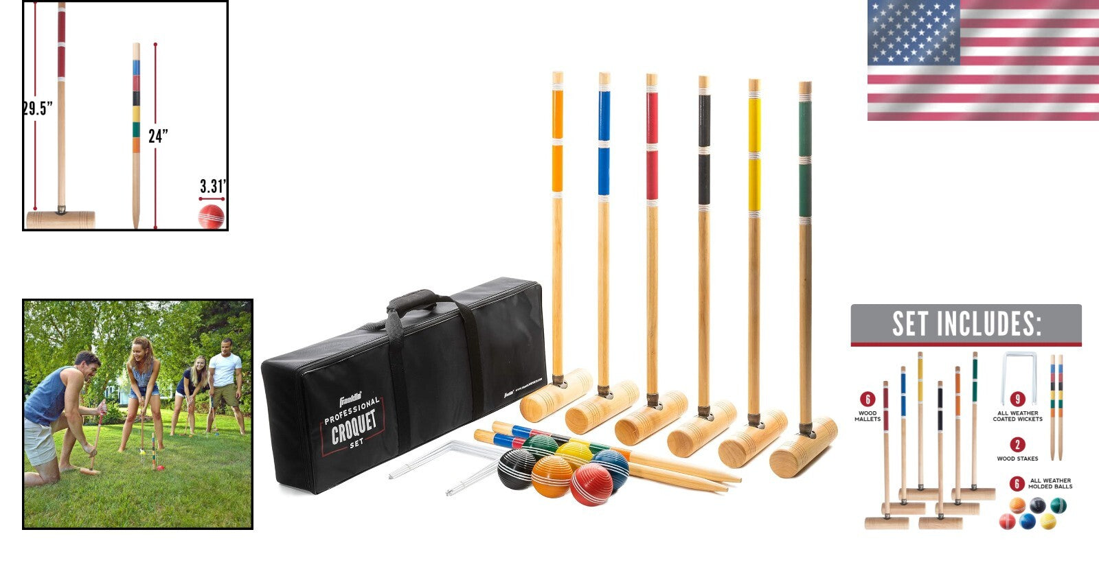 Durable 6-Player Croquet Set with Wooden Mallets & Carrying Case Included