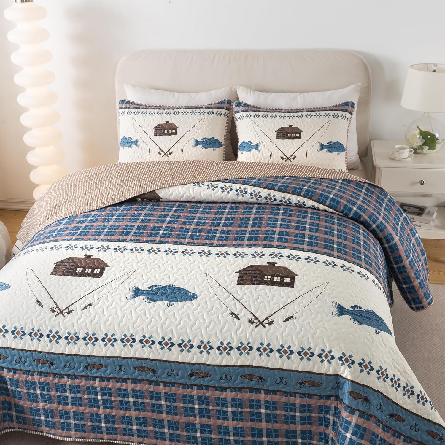 Reversible Twin Gone Fishing Quilt with Sham - Cozy Outdoor Themed Bedding