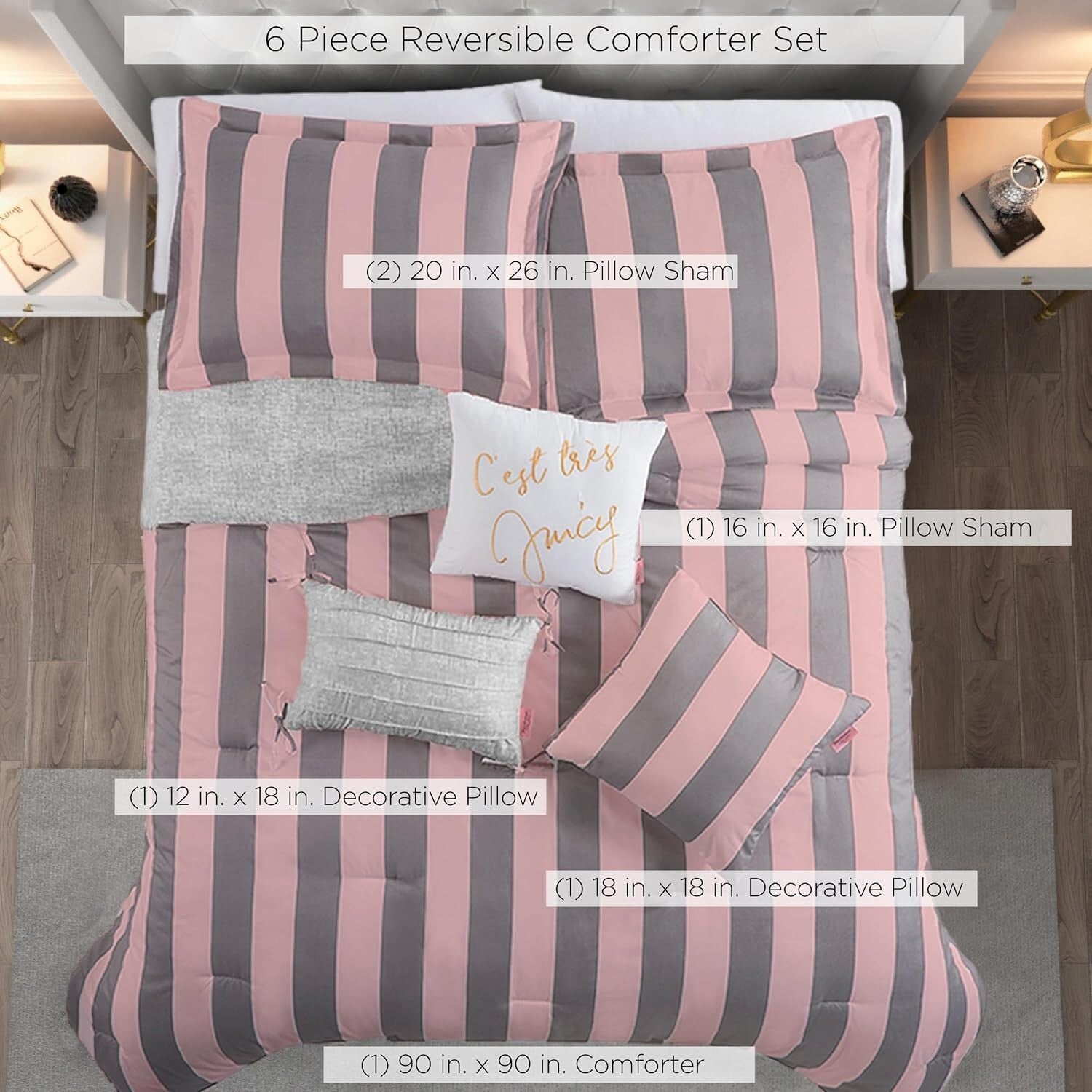 Chic Pink and Grey Strip Comforter Set - Includes 3 Pillows - 6 Piece Queen/Full