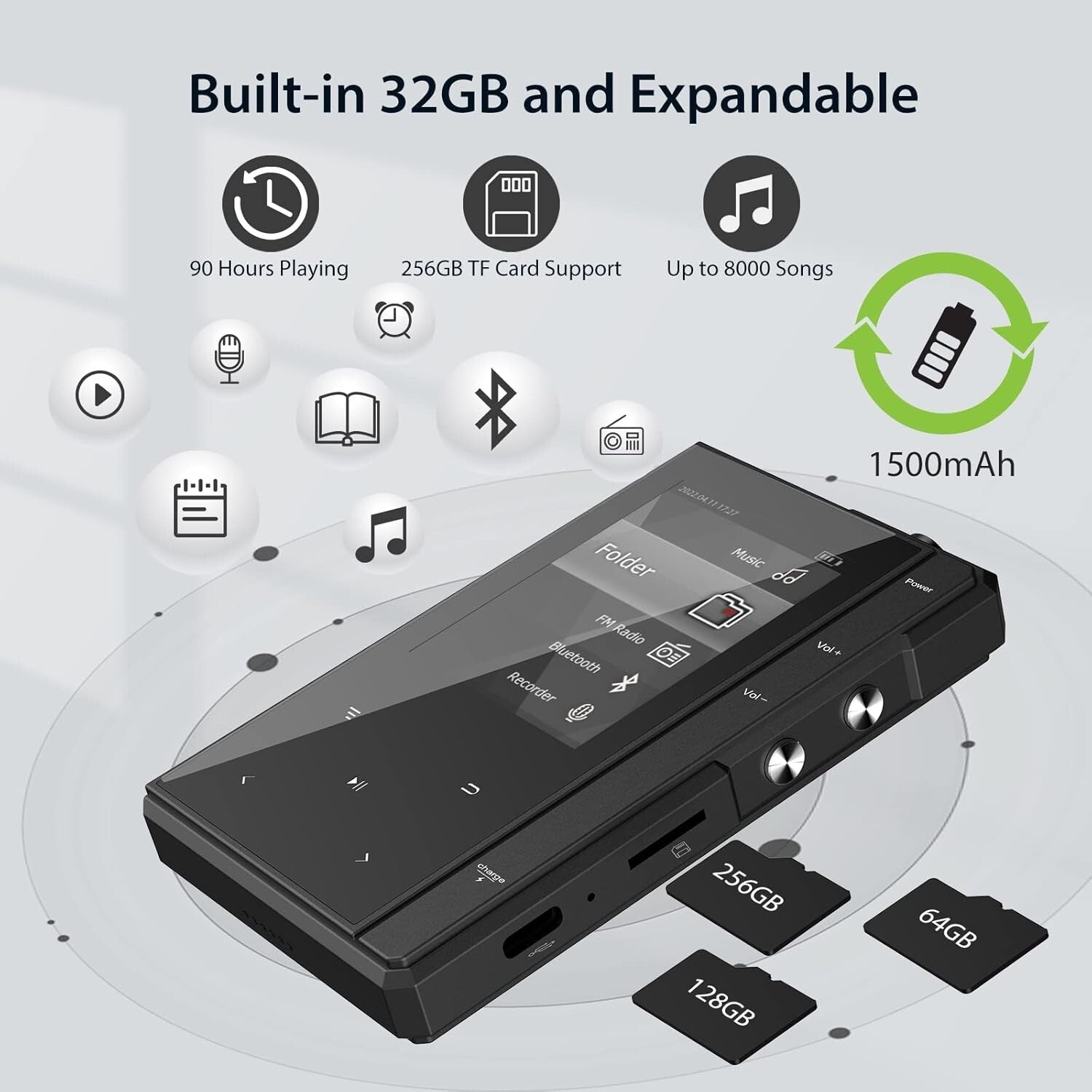 Bluetooth 5.0 MP3 Player, 32GB with Expandable Memory and Long Battery Life