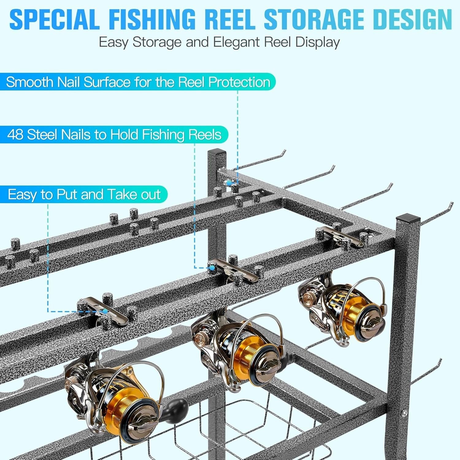 Multi-Functional Fishing Gear Organizer Rack with Smooth Rolling Caster Design