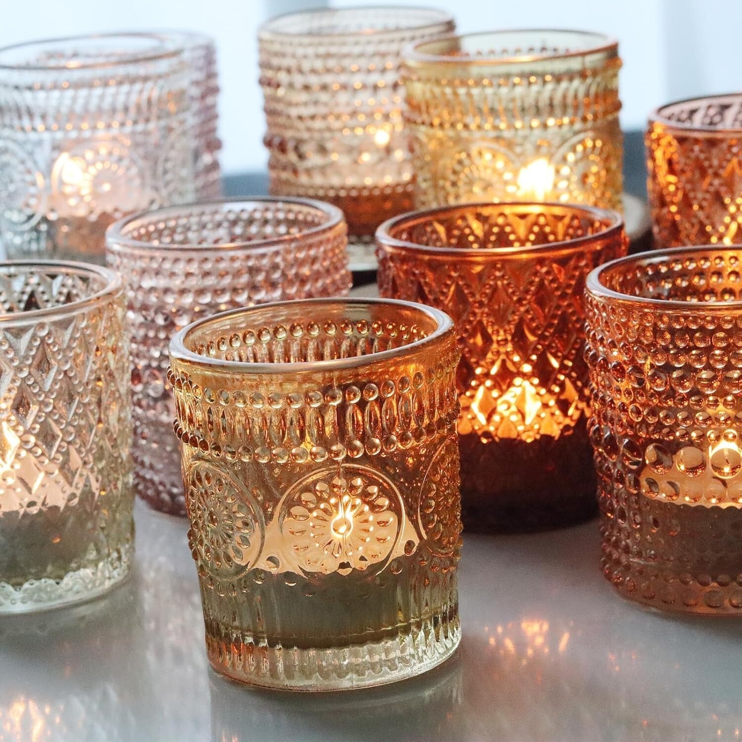Durable 24-Piece Glass Candle Holders Set - 3 Patterns, Perfect for Centerpieces