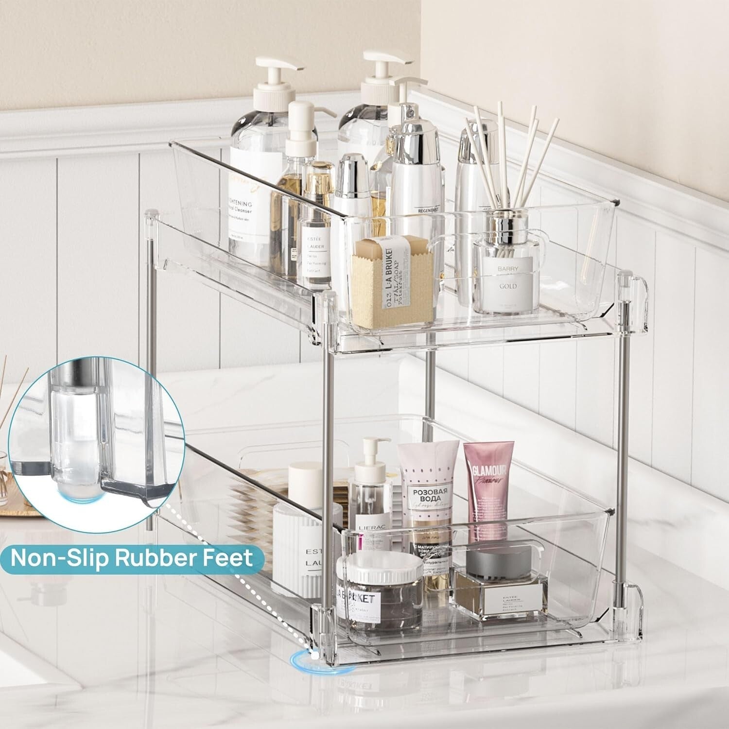 4 Pack 2-Tier Clear Organizers with Stainless Steel Frame - Easy Pull-Out Access