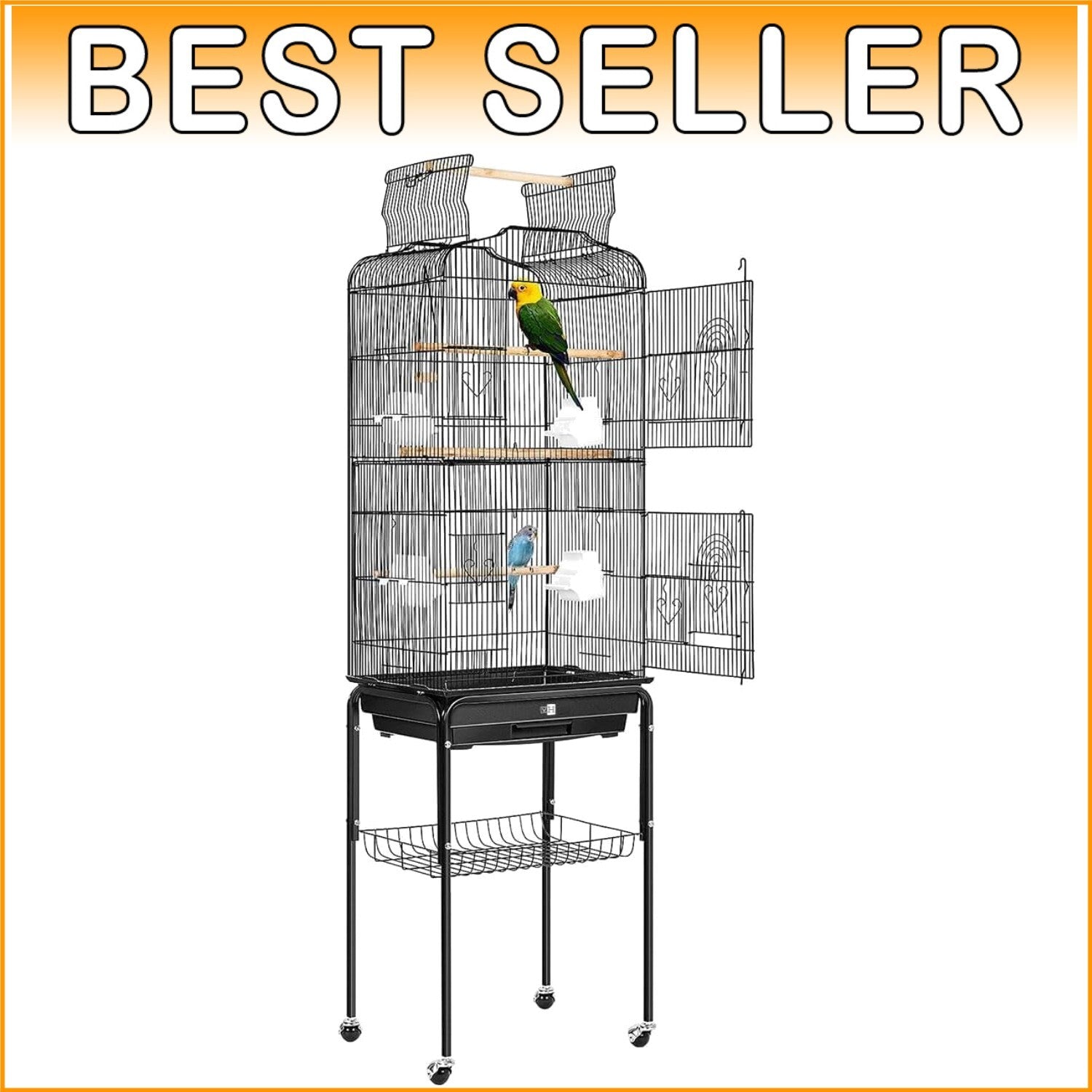 64-Inch Black Bird Cage with Play Top & Rolling Stand for Parrots and More