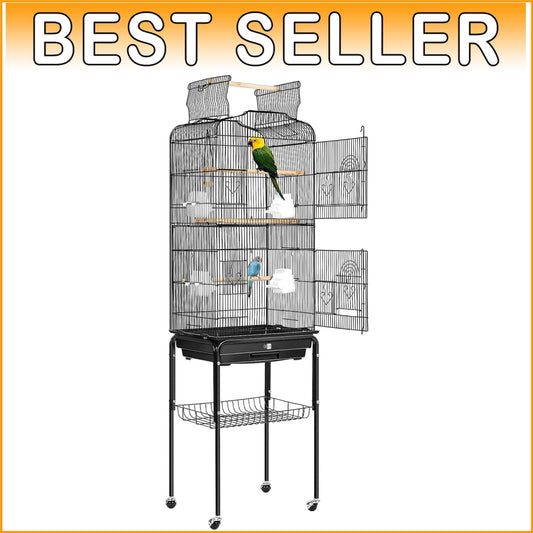 64-Inch Black Bird Cage with Play Top & Rolling Stand for Parrots and More