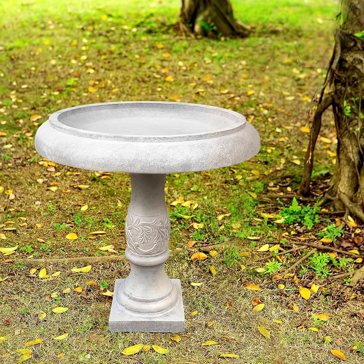 Classic 22.8" Concrete Birdbath with Flower Pattern - Durable Outdoor Beauty