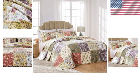 Country Cottage 100% Cotton Patchwork Bedspread - Full Size with Floral Design