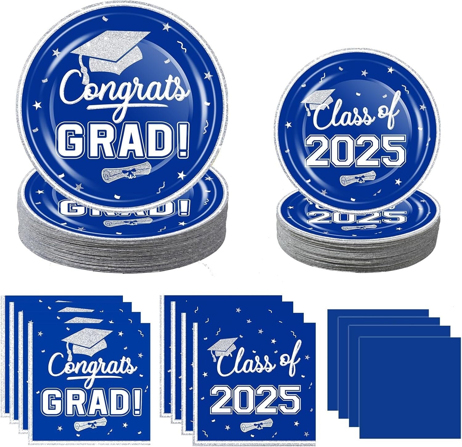 Elegant Blue White Graduation Party Set - 320-Piece Disposable Dinnerware for 80