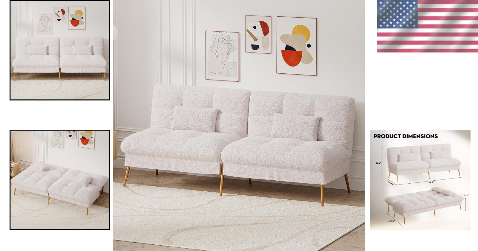 Elegant 68" Convertible Futon Sofa Bed with Adjustable Backrest - White