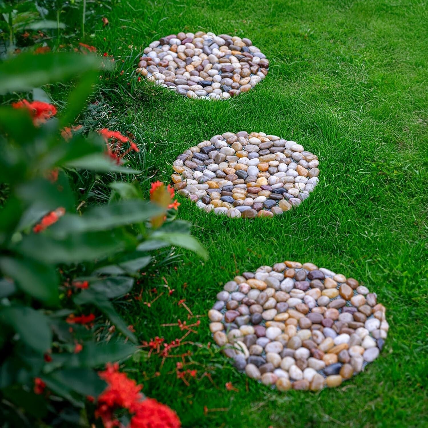 Durable 12'' Round Polished Pebbles Stepping Stones for Garden Walkways - 6 Pack