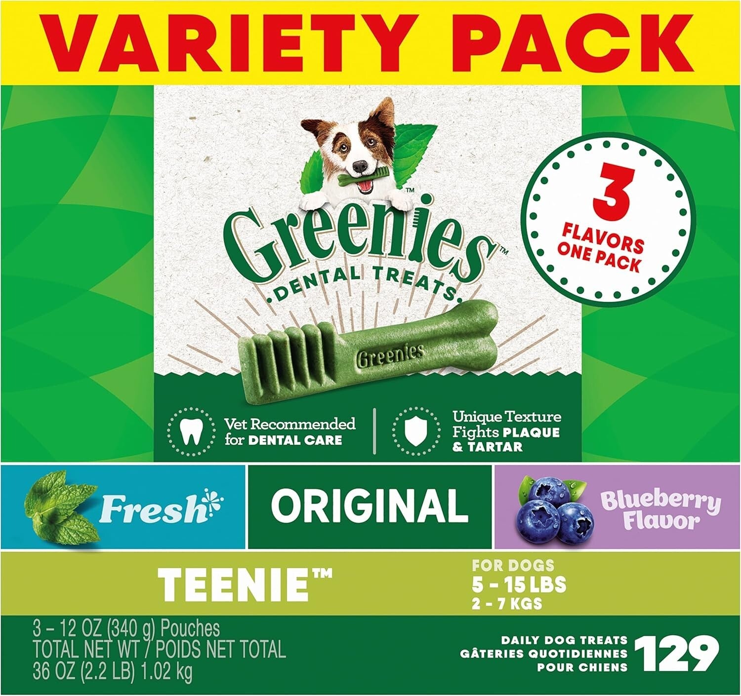Daily Dental Care Treats for Small Dogs - 129 Pack, Original, Blueberry, Mint