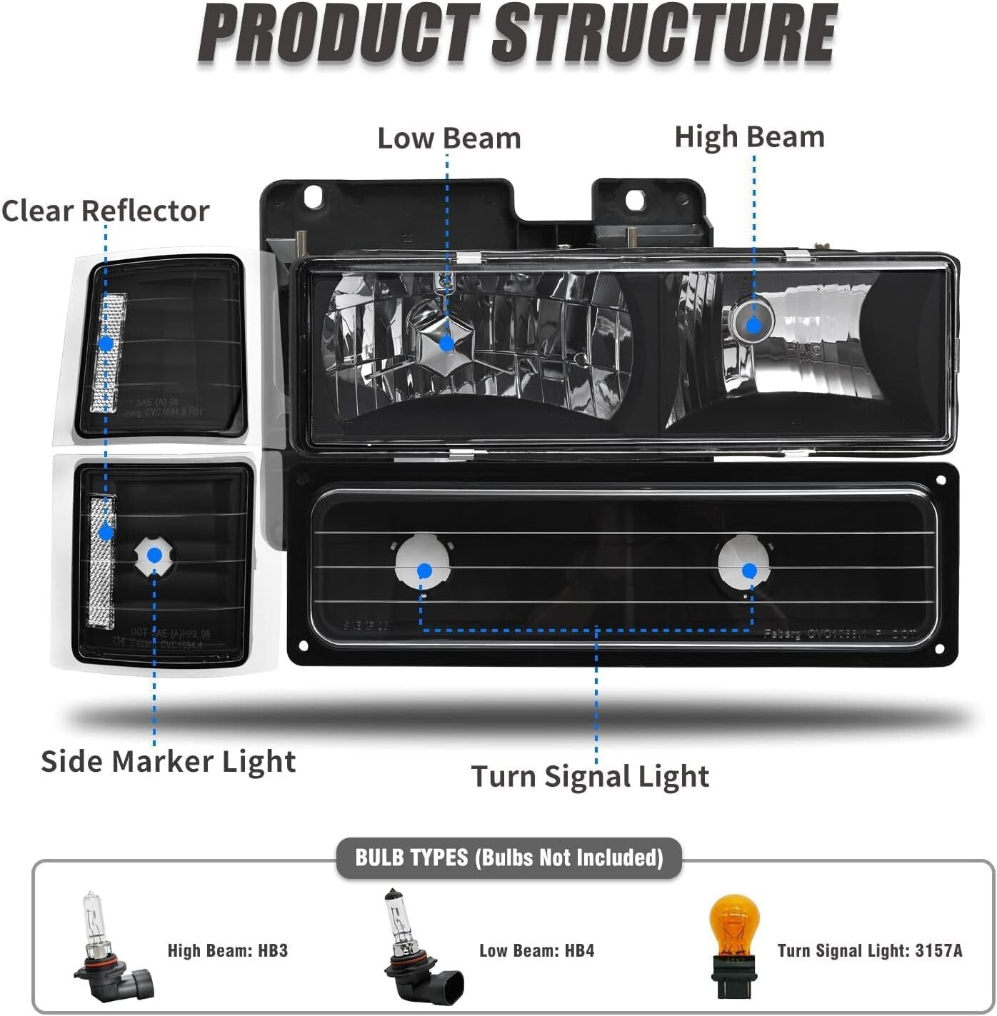 Crystal Clear Reflector Headlights for 1994-1998 Chevy Silverado/Suburban/Tahoe