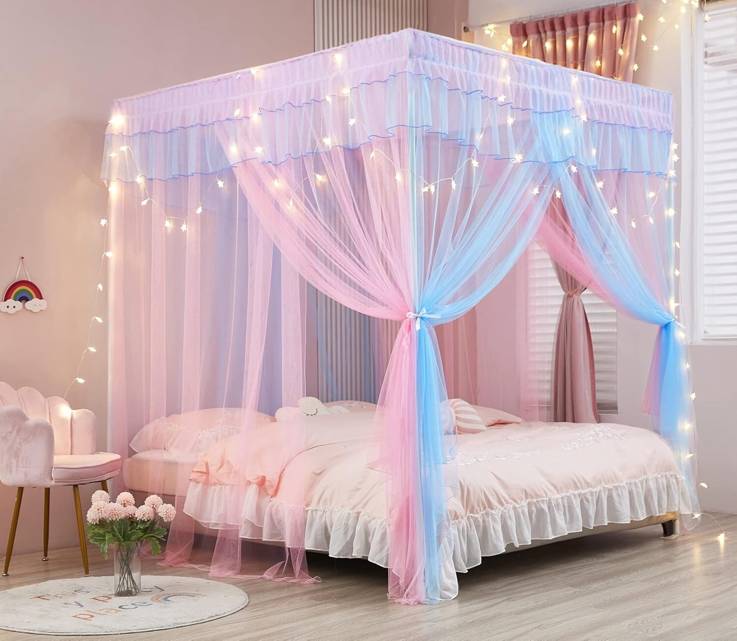 Enchanting Rainbow Canopy Bed Drapes for Girls with 2 Star Lights - Twin Size