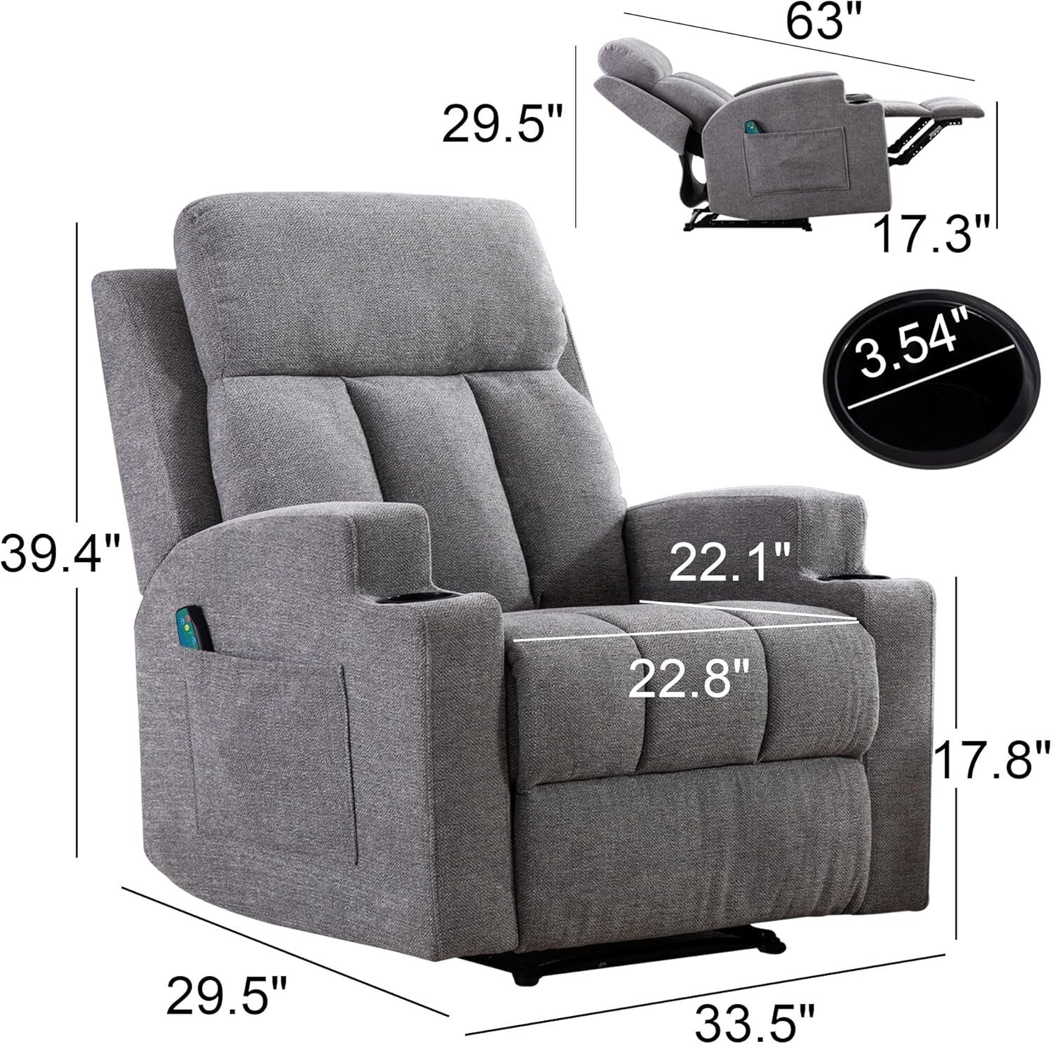 Ergonomic Manual Recliner with 8 Massage Motors & Storage - Modern Gray Style