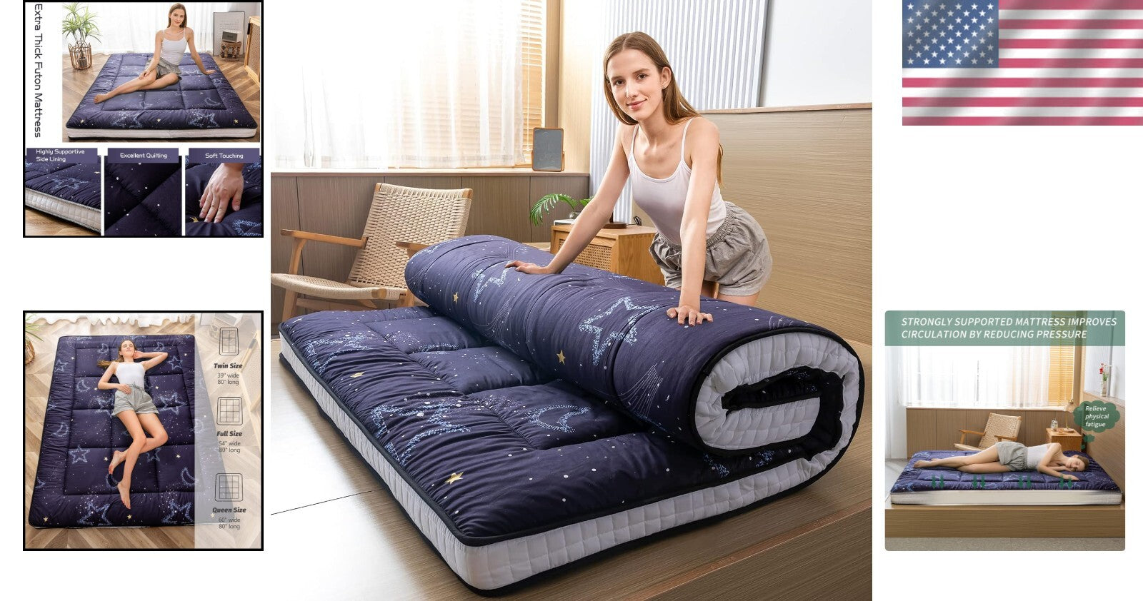 Quilted Twin Floor Mattress in Moon and Star Design - Ideal for Guests & Camping