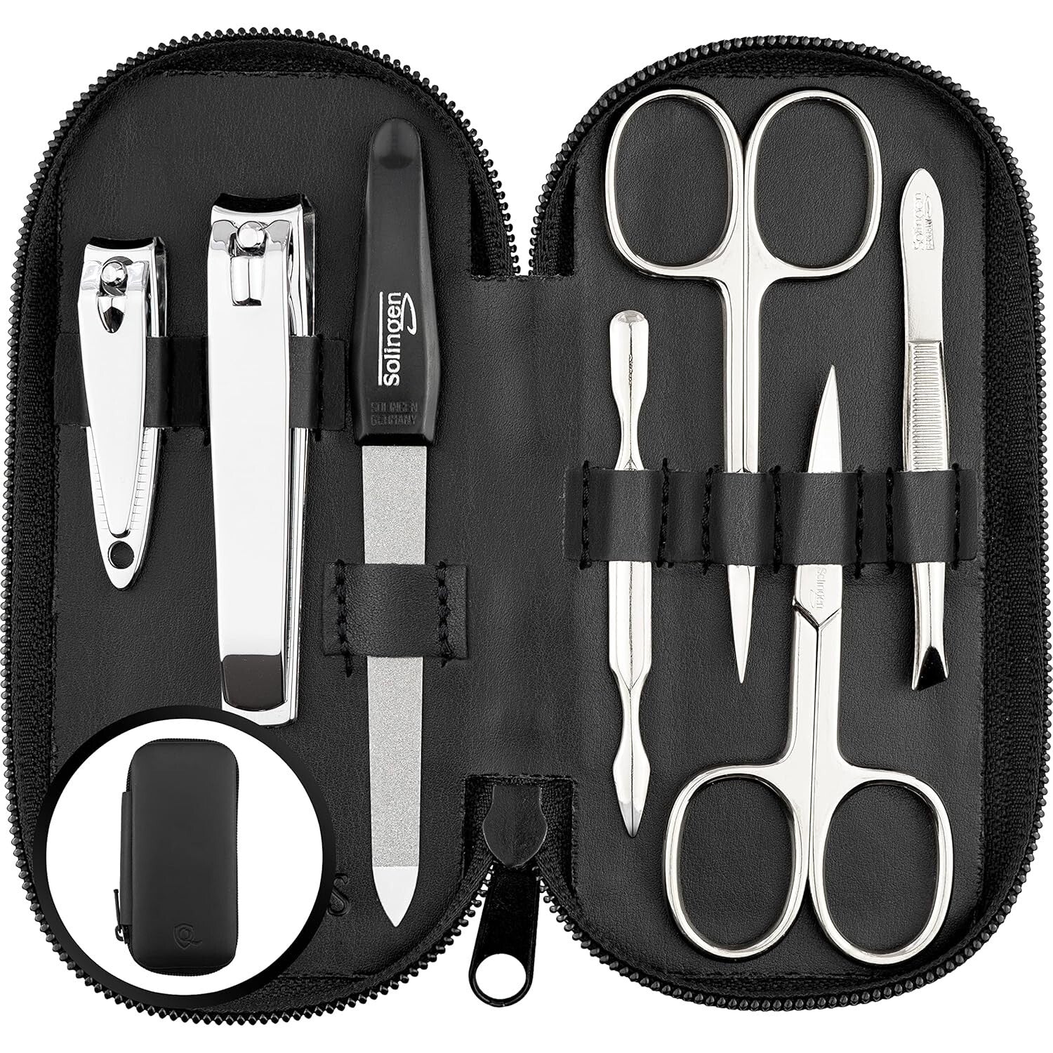 7-Piece Stainless Steel Manicure Set in Nappa Black Leather - Made in Solingen