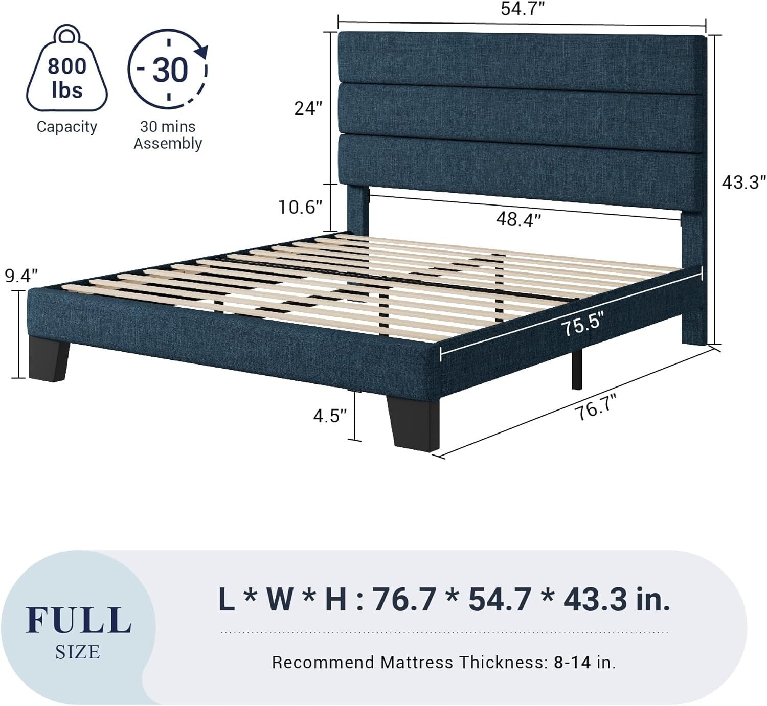 Elegant Navy Blue Full Size Bed Frame with Fabric Headboard - 800 lbs Capacity