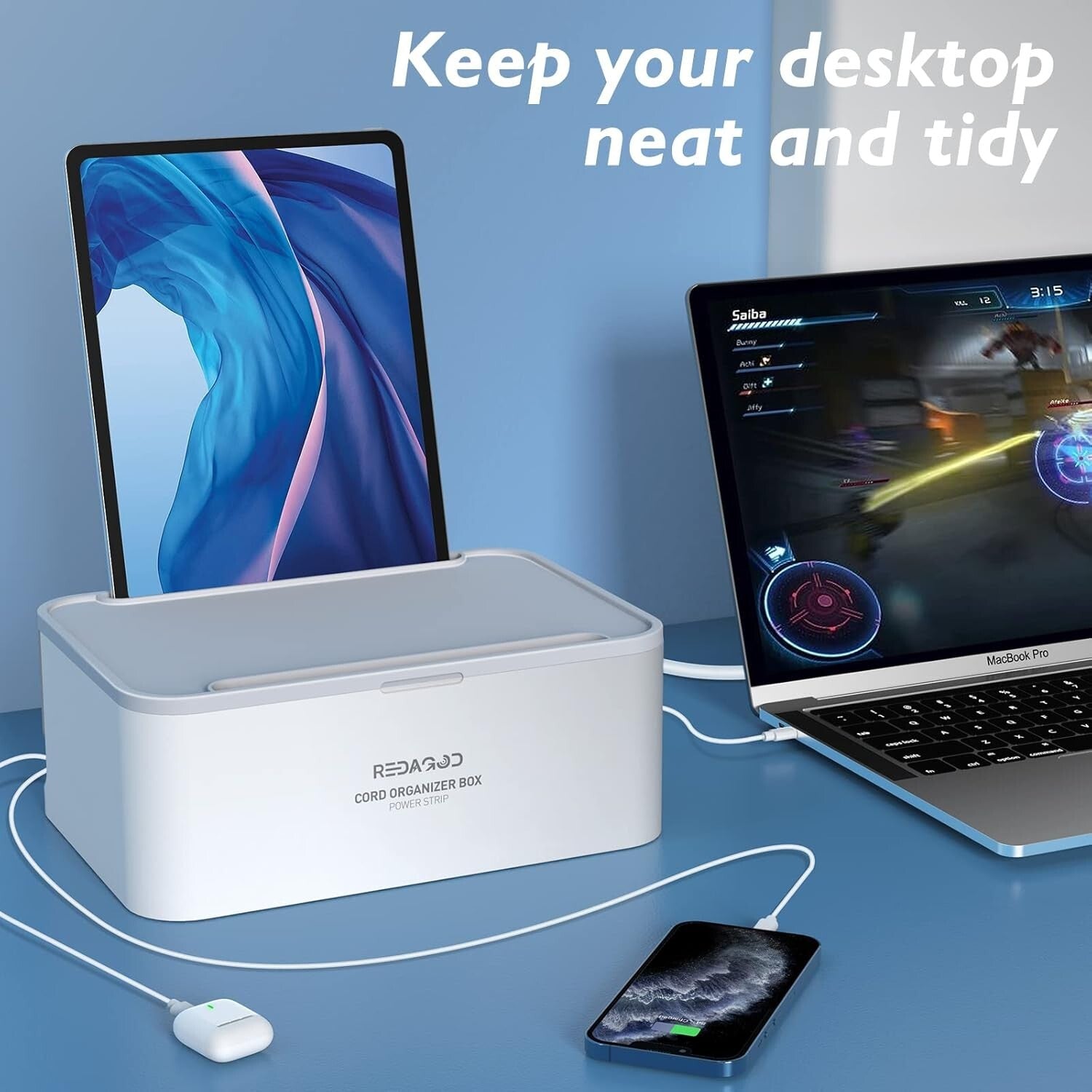 All-in-One Charging Station: 8 Outlets, 3 USB Ports and Cable Management Box