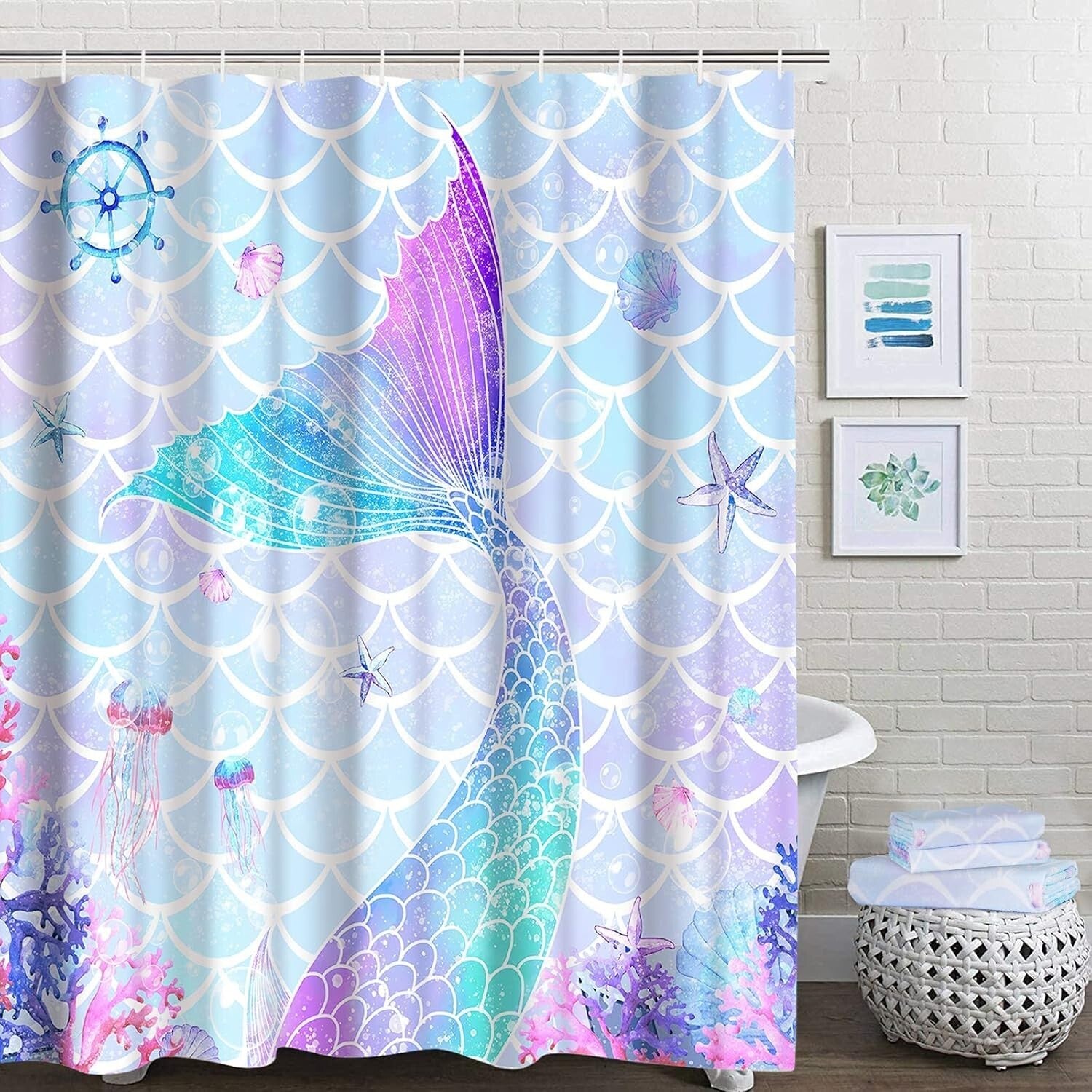 Delightful 7-Piece Mermaid Bathroom Set: Shower Curtain, Rugs & Towels Included