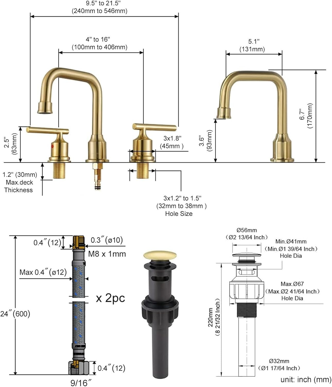 Elegant Brushed Gold Basin Faucet with 2 Handles - Modern 360° Swivel Design