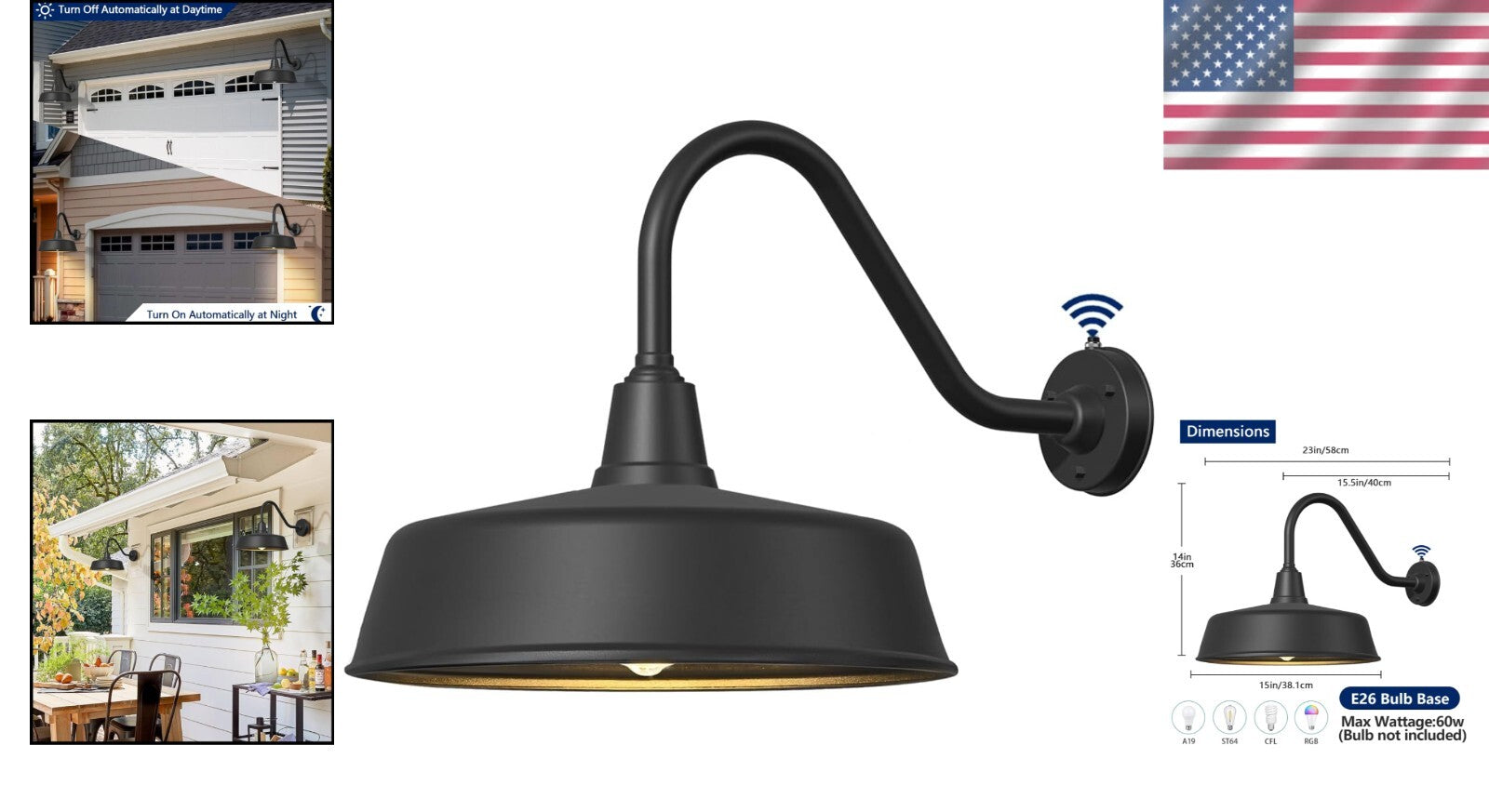 Durable 15" Waterproof Gooseneck Barn Light with Remote and Touch Control