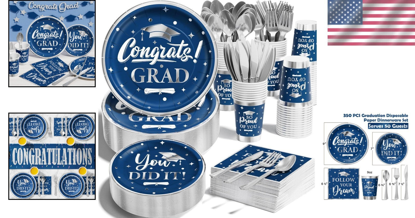 Blue & Silver Graduation Dinnerware Set - 350PCS for Class of 2025 Celebrations