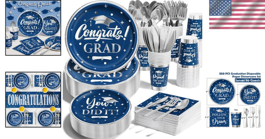 Blue & Silver Graduation Dinnerware Set - 350PCS for Class of 2025 Celebrations