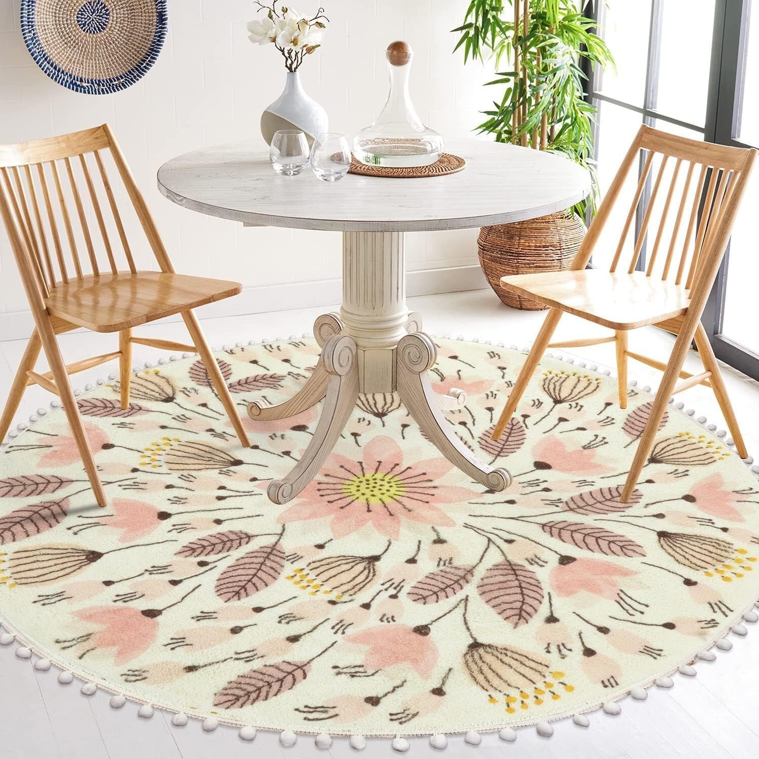 Charming 5.3' Circle Pom Pom Rug - Cozy Non-Slip Floor Mat for Nursery & More