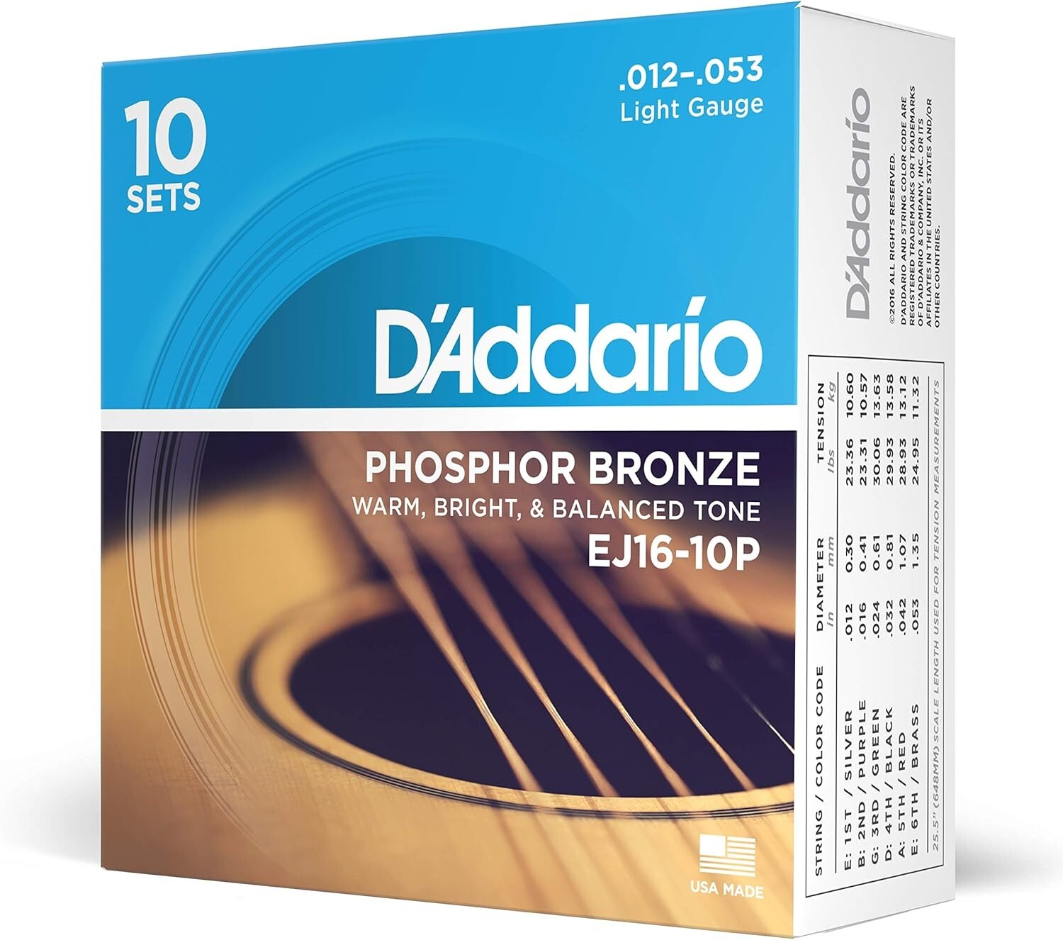 D'Addario Phosphor Bronze Acoustic Guitar Strings - Rich Tone - 12-53 Light Pack