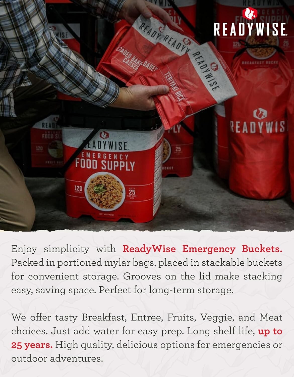 Emergency Food Bucket: 88 Servings of Freeze-Dried Chicken, Beef, Pork & Rice
