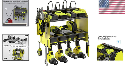 Efficient Power Tool Wall Organizer with 4 Slots, Hooks, and Surge Protection