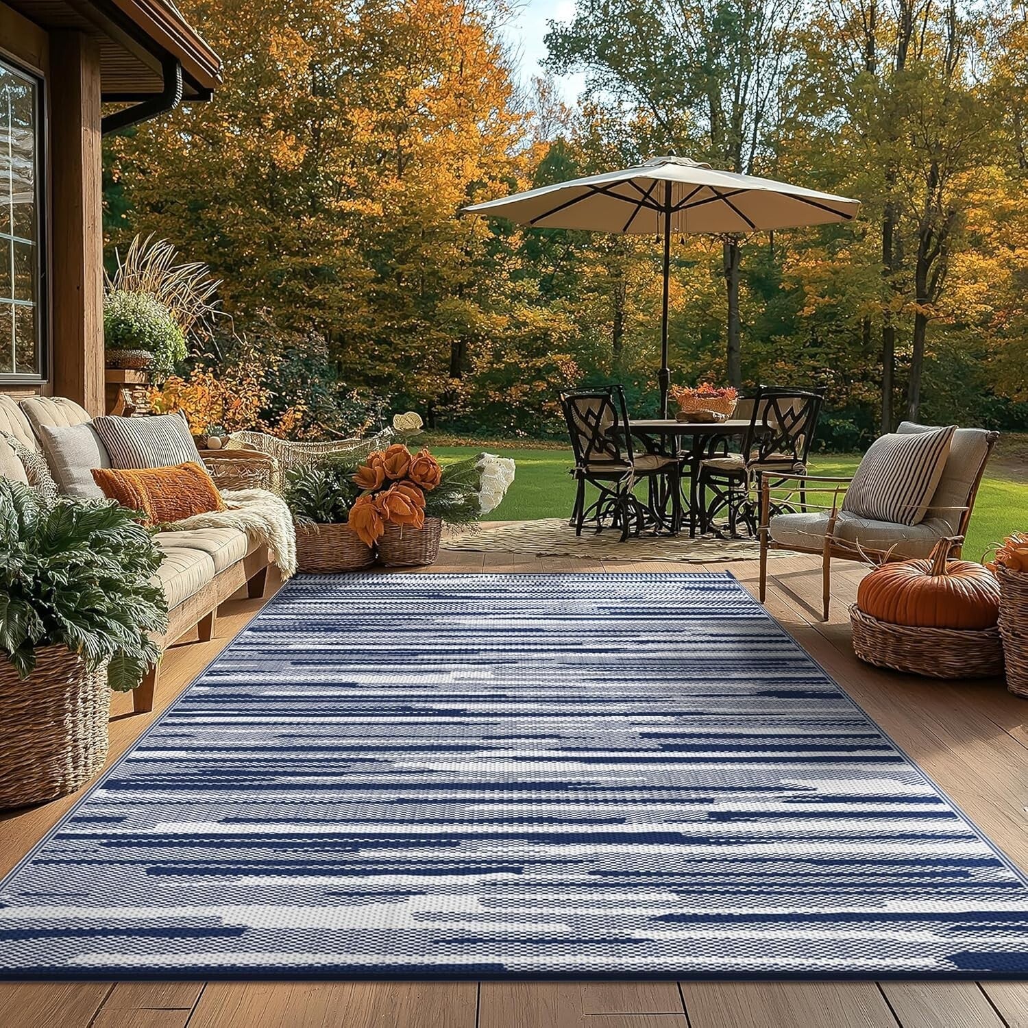 Eco-Friendly 8'x10' Waterproof Outdoor Rug – Reversible Blue & White Design